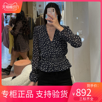 maSandeINS2021气质百搭印花V领长袖百褶收腰雪纺衫MFPTO00617