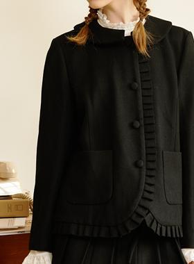 En blanc.ligne crème原创设计黑色压褶花边系带羊毛呢外套