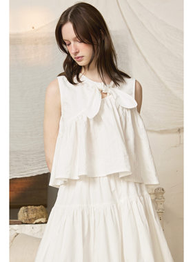 En blanc.ligne crème 原创设计白色条纹肌理系结短上衣