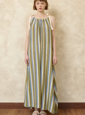 En blanc.ligne creme 度假风条纹系带蝴蝶结长裙