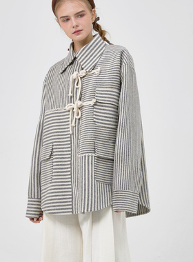 En blanc.原创设计羊毛双面呢灰白条纹拼接外套