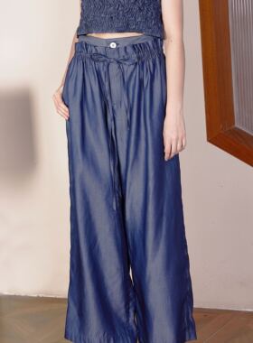 En blanc.ligne crème天丝牛仔双层抽褶腰阔腿裤