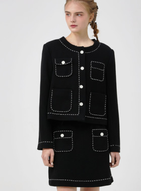 En blanc.原创设计手工勾线圆领羊毛粗呢短外套