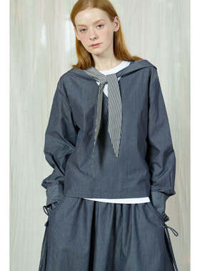 En blanc.ligne crème原创设计蓝白条纹连帽系结V领拼接条纹衬衫