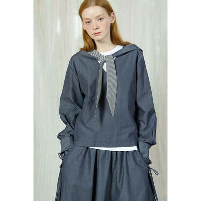 En blanc.ligne crème原创设计蓝白条纹连帽系结V领拼接条纹衬衫