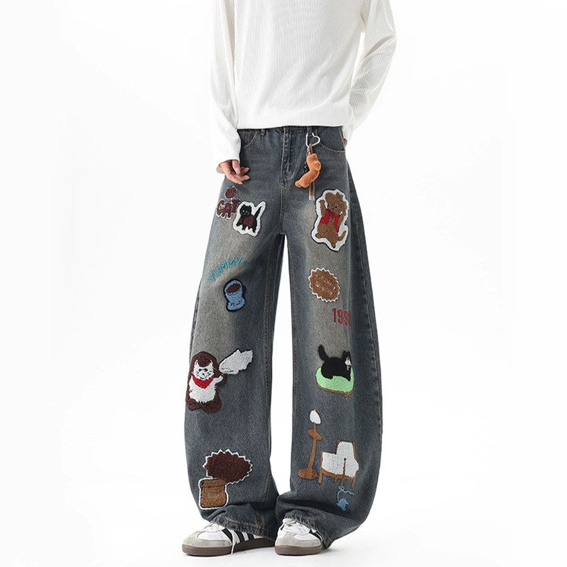 卡通刺绣弯刀牛仔裤男秋冬美式