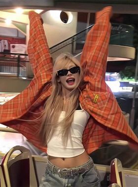 港坞尘界|格子衬衫女慵懒风春夏款宽松衬衣美式复古长袖防晒外套