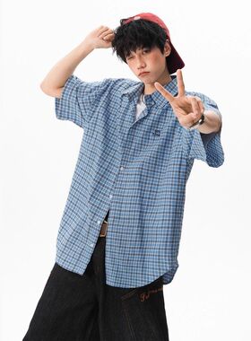 港坞尘界|韩系少年感格子短袖衬衫男女夏款字母刺绣衬衣polo外套