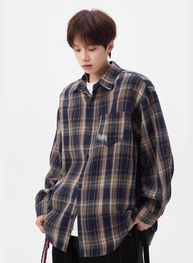 港坞尘界|美式格子衬衫男款春秋夏季长袖衬衣高街休闲男女外套