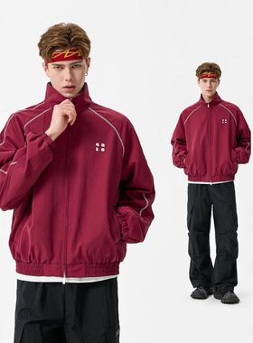 港坞尘界|美式拼接格子翻领夹克外套男女宽松运动风撞色情侣上衣