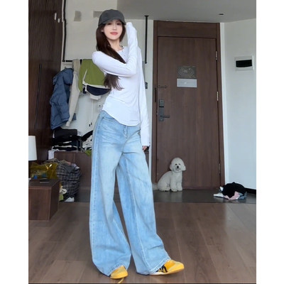 美式覆古浅蓝色阔腿牛仔