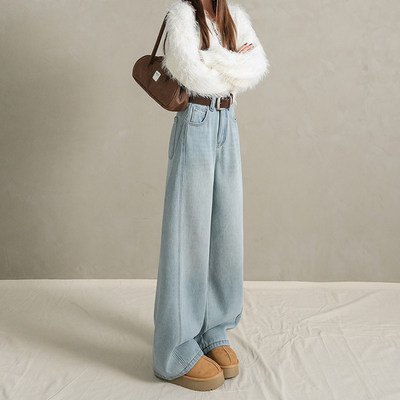 加绒加厚浅色直筒牛仔裤
