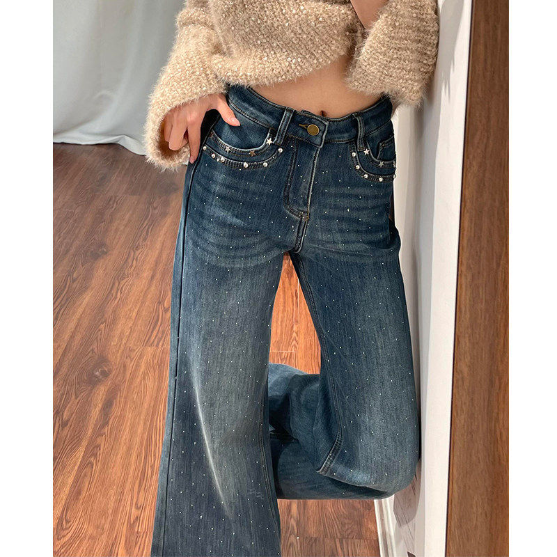 满天星烫钻不贴腿微喇牛仔裤女冬季加绒高腰小个子闪闪镶钻直筒裤