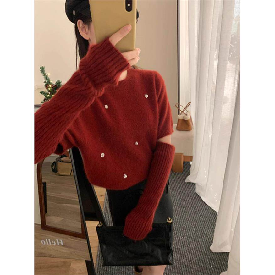 新年红色氛围感钉珠袖套毛衣女秋冬洋气独特别致针织衫高级感上衣