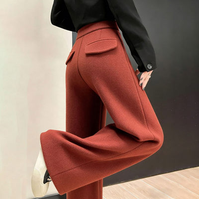 新年红色毛呢窄版阔腿裤