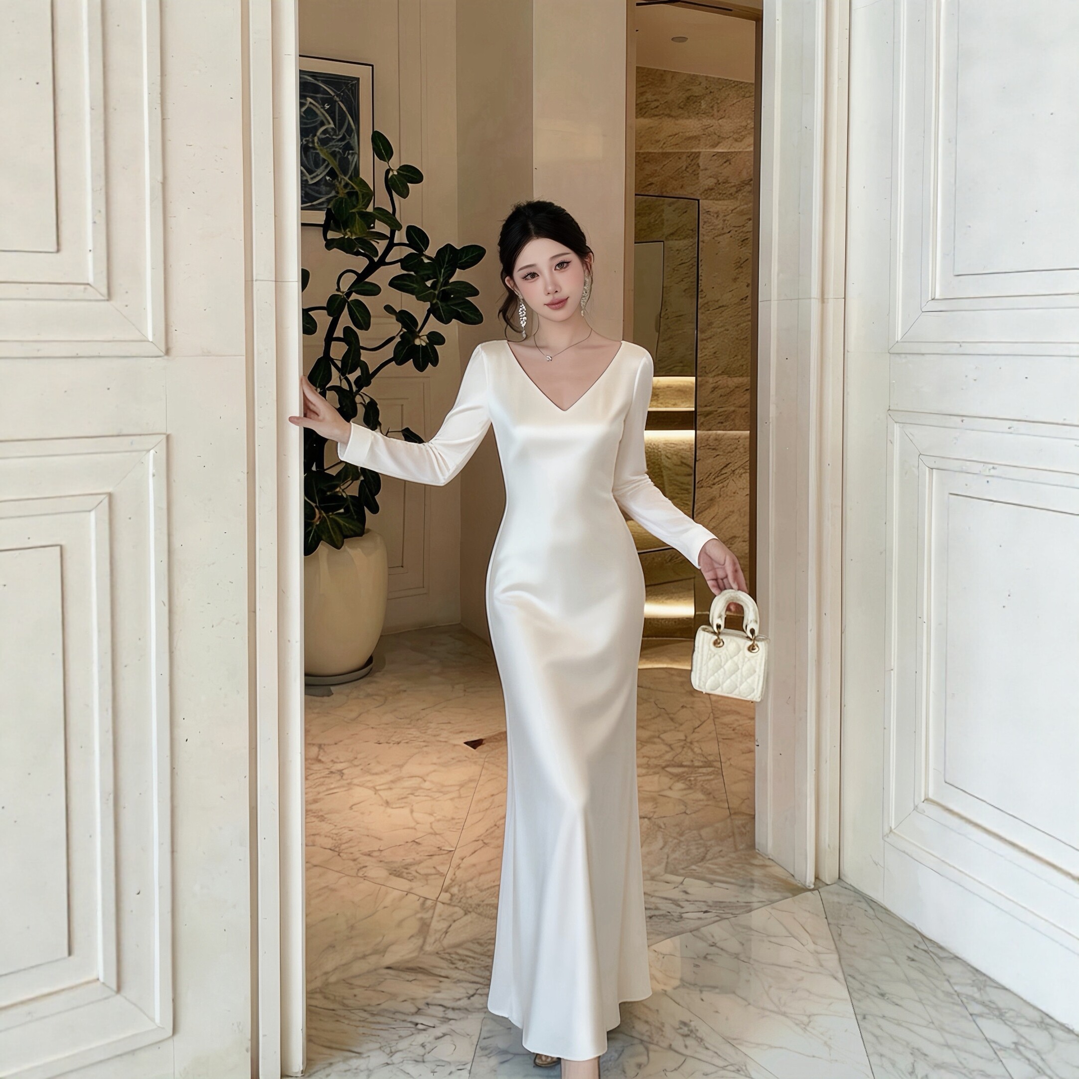 完美贴合好身材 V领进口醋酸缎面鱼尾长袖连衣裙女轻奢风显瘦百搭