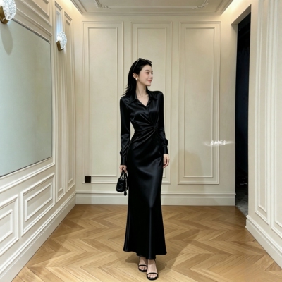 醋酸缎面长袖衬衫领鱼尾连衣裙女