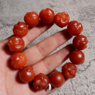 精品收藏级老包浆云南保山南红玛瑙柿子红精雕佛头弥勒佛手串手链