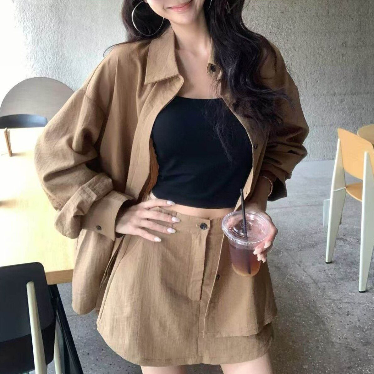 慵懒风套装纯色气质长袖衬衫女2026年夏季高腰显瘦半身裙两件套