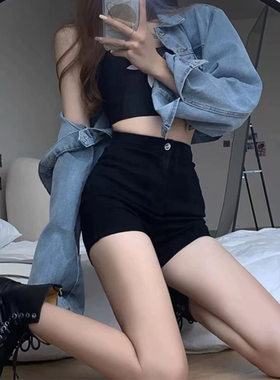 黑色牛仔裤女夏季辣妹小个子紧身高腰A字热裤超短裤包臀直筒裤子