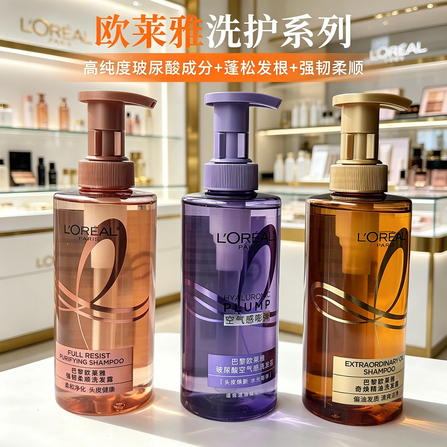 欧莱雅洗发水400ml奇焕玻尿酸无硅油控油蓬松大紫瓶金瓶洗头膏