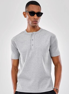 45Cent重磅螺纹320G复古亨利领短袖弹力修身小领口收口袖健身T恤