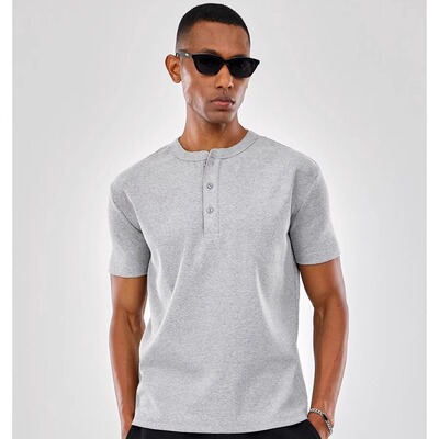 320G重磅亨利领修身纯棉健身短袖