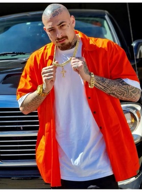 45Cent美式西海岸橙色工装衬衫男CleanFit嘻哈夏季宽松重磅短袖