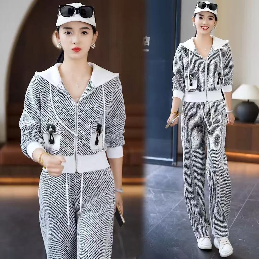 时尚套装女2025春季新款洋气减龄显瘦连帽开衫外套阔腿裤两件套潮