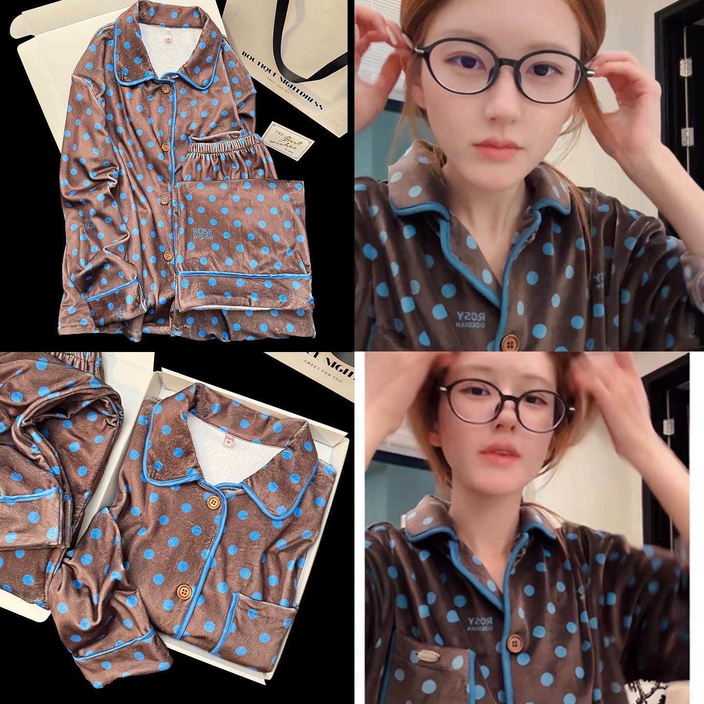 赵露思同款海岛绒睡衣时尚波点恒温保暖开衫套装冬加厚家居服外穿