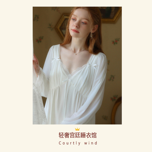 纯棉性感V领复古宫廷风长款 带胸垫睡裙女 睡衣优雅气质公主家居服