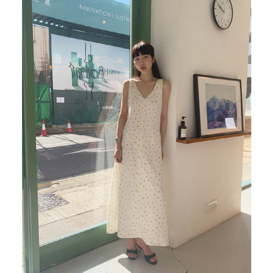 小番茄 韩国 小清新碎花无袖背心V领连衣裙长裙