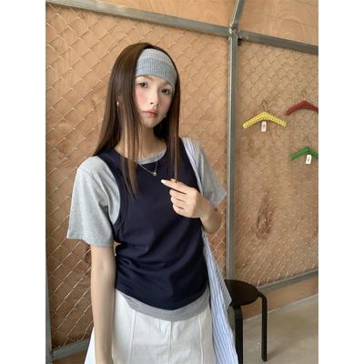 小番茄 韩系休闲背心吊带叠穿修身显瘦短袖T恤女两件套