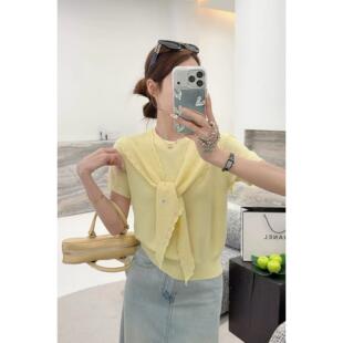 女2026新款 T恤针织衫 漂亮上衣 韩系圆领镂空带披肩冰丝短袖 夏季