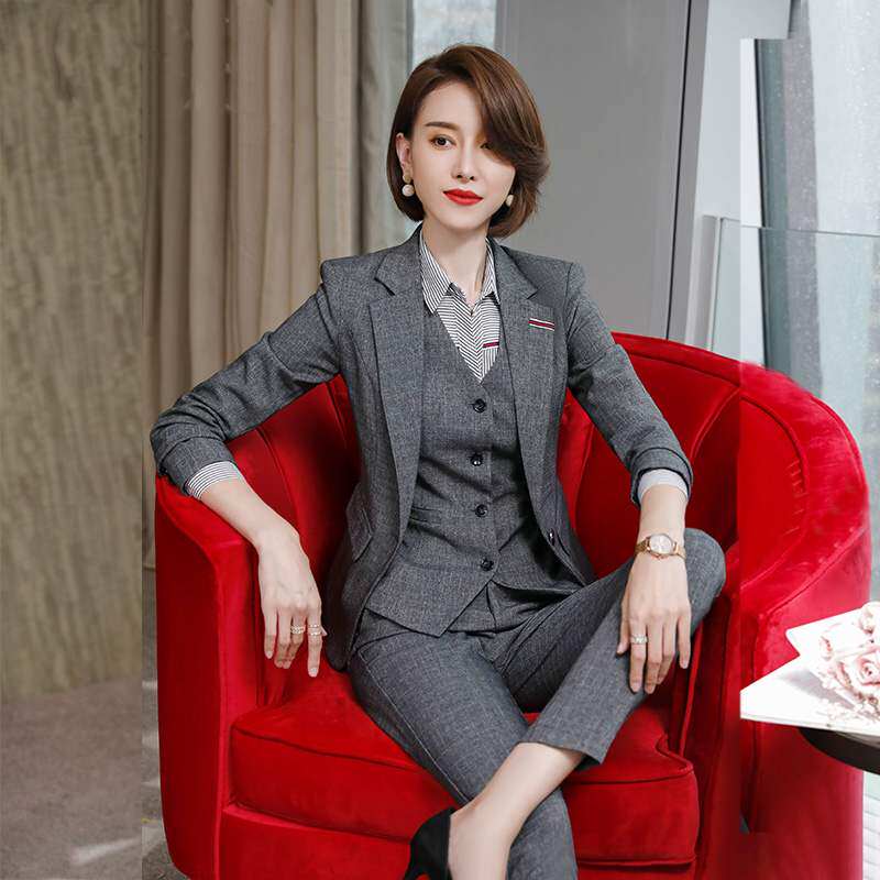 高端职业装套装女时尚气质女神范秋季新款灰色西装套装裤商务正装