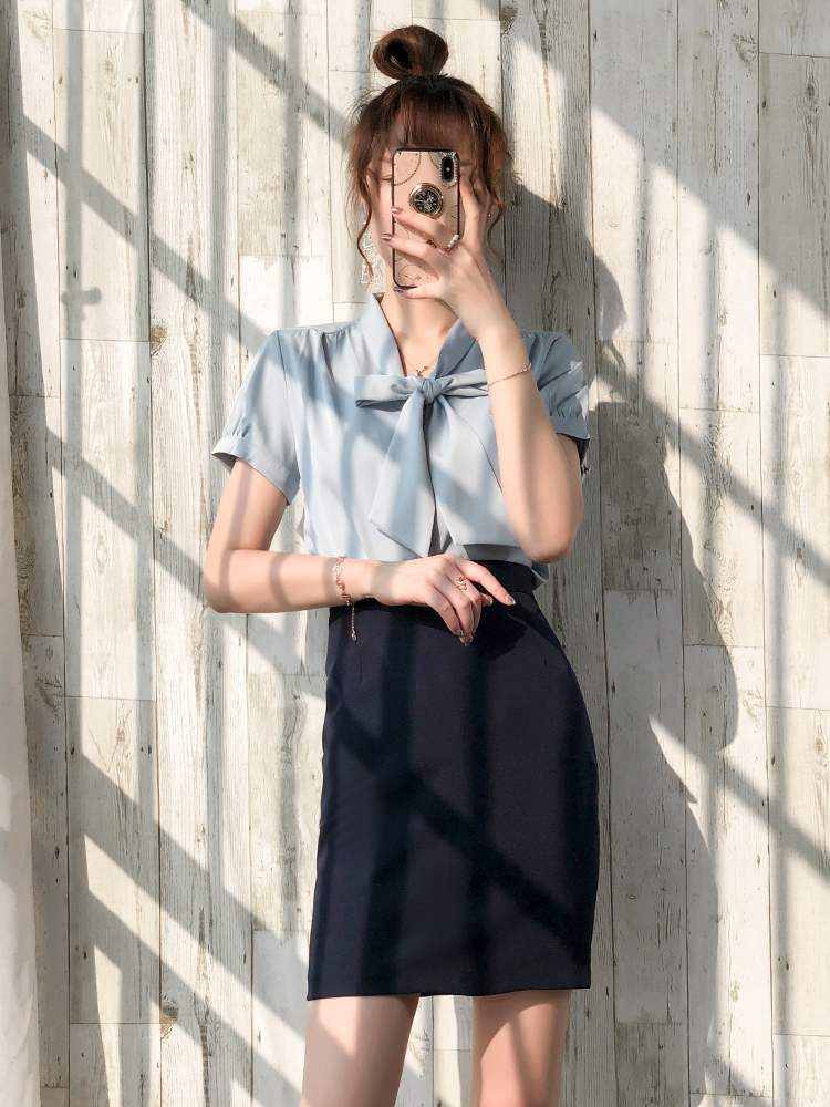 职业套装女夏季蝴蝶结设计感轻熟风上衣空姐制服短袖衬衫2021新款