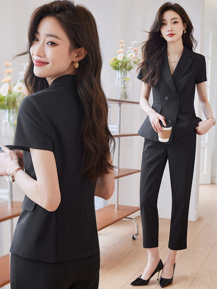 黑色短袖西装套装女夏季职业气质女神范工作服前台工作装高端正装