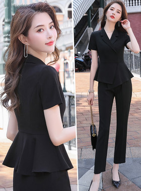 西装套装女夏季薄款气质职业装美容院工装店长工作服正装黑色夏装