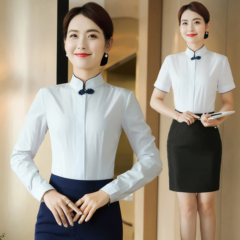 职业白衬衫女长袖春夏酒店服务员上衣中式餐饮饭店美容前台工作服