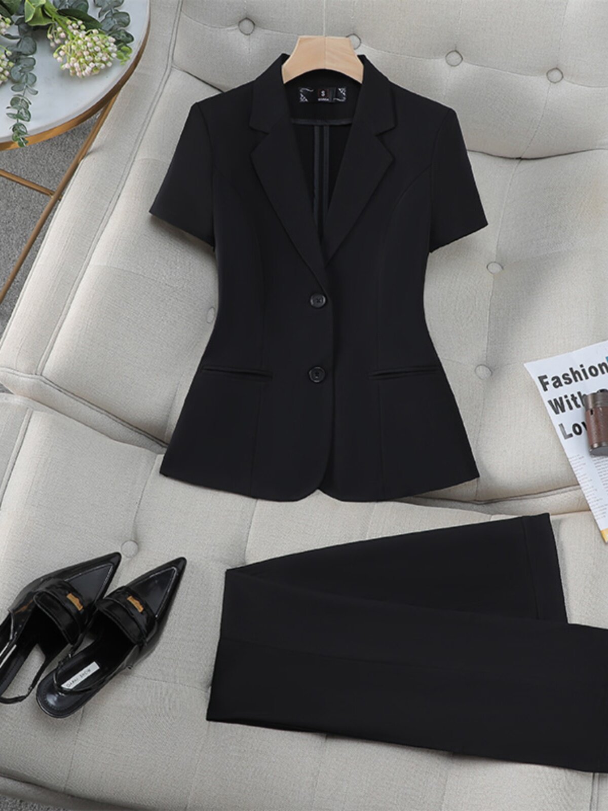 黑色短袖西装套装女夏季新款面试正装酒店前台经理工作服西服工装