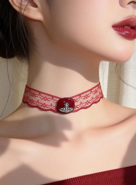 「酒红蕾丝秘钥」复古项链