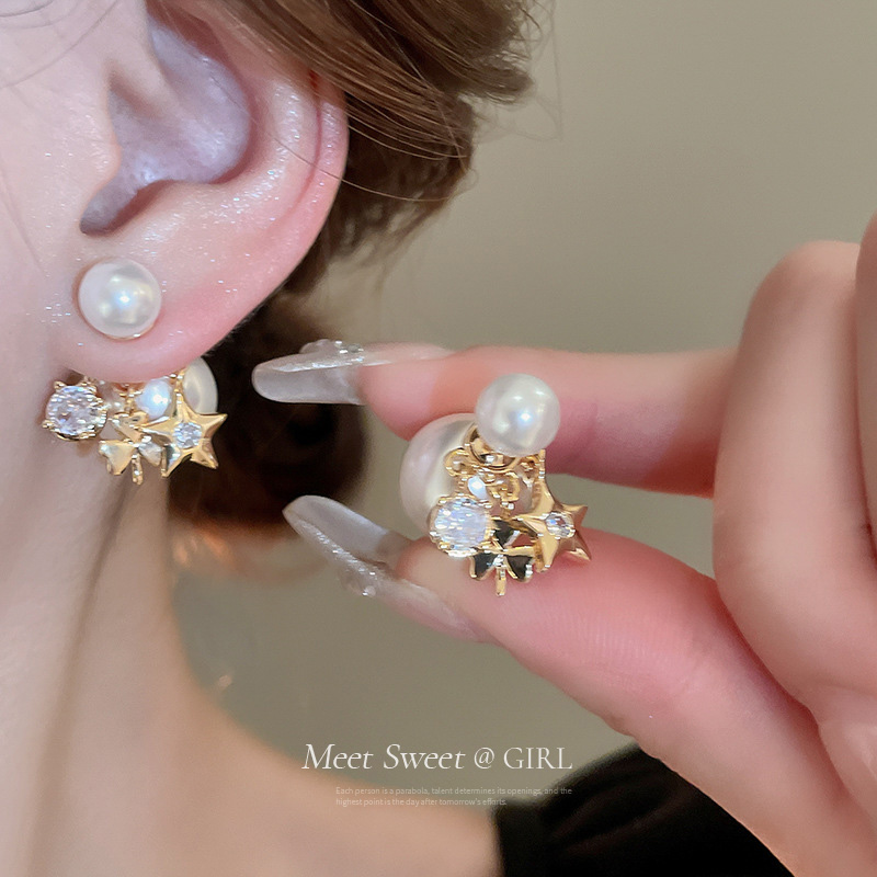 双面带星星珍珠耳钉气质耳环