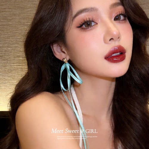多巴胺缎带蝴蝶结流苏耳钉耳环女