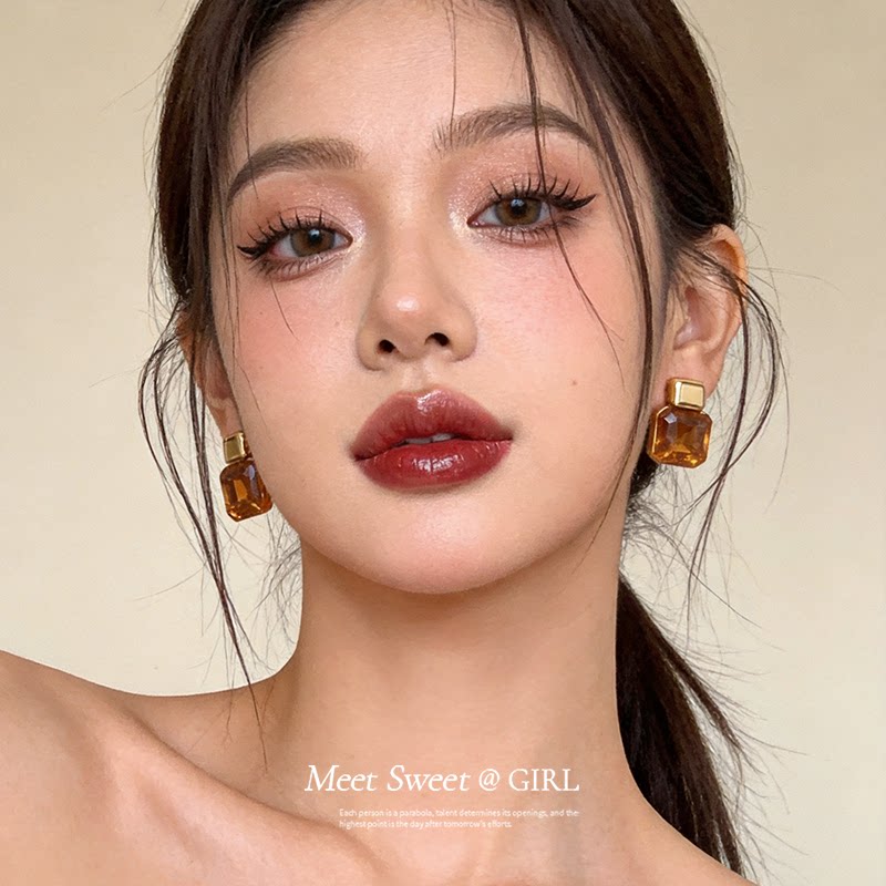 欧美轻奢长方形水钻耳钉小