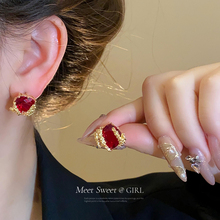 红宝石麦穗耳钉女小众设计感红色耳环2024年新款爆款精致气质耳饰