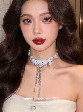 法式超仙珍珠串珠花朵流苏项链女