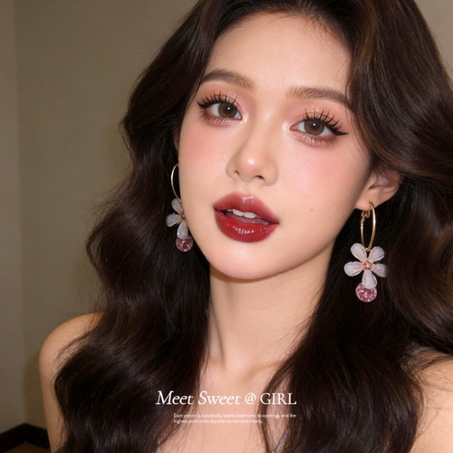 粉色花朵镶钻耳圈小众耳环女
