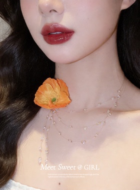 橙色花朵串珠流苏项链锁骨链女