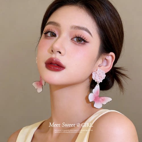 甜美粉色花朵蝴蝶耳环耳饰女
