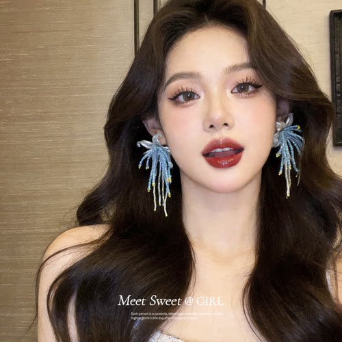 度假风珍珠花朵玻璃流苏耳钉女款